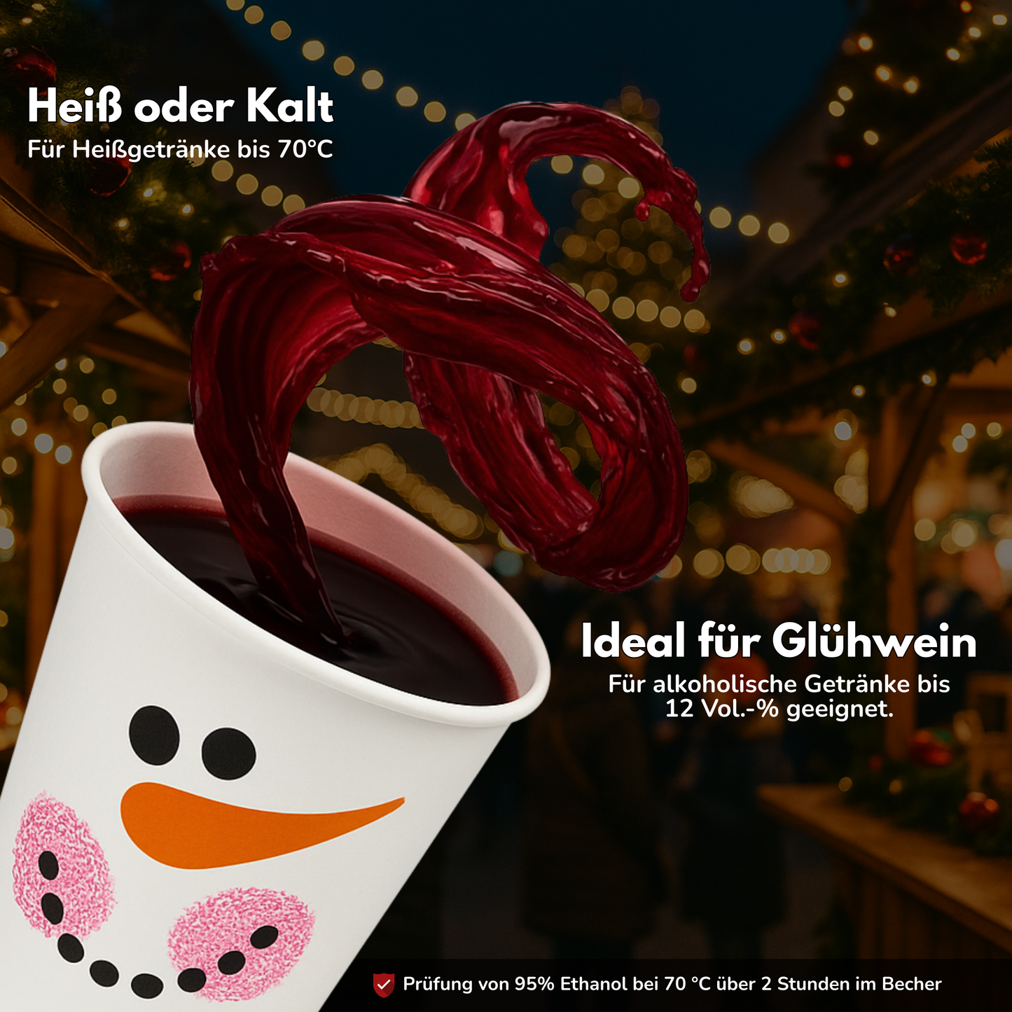 Weißer Heißgetränkebecher mit Schneemannmotiv für Glühwein bis 12 Volumen Prozent