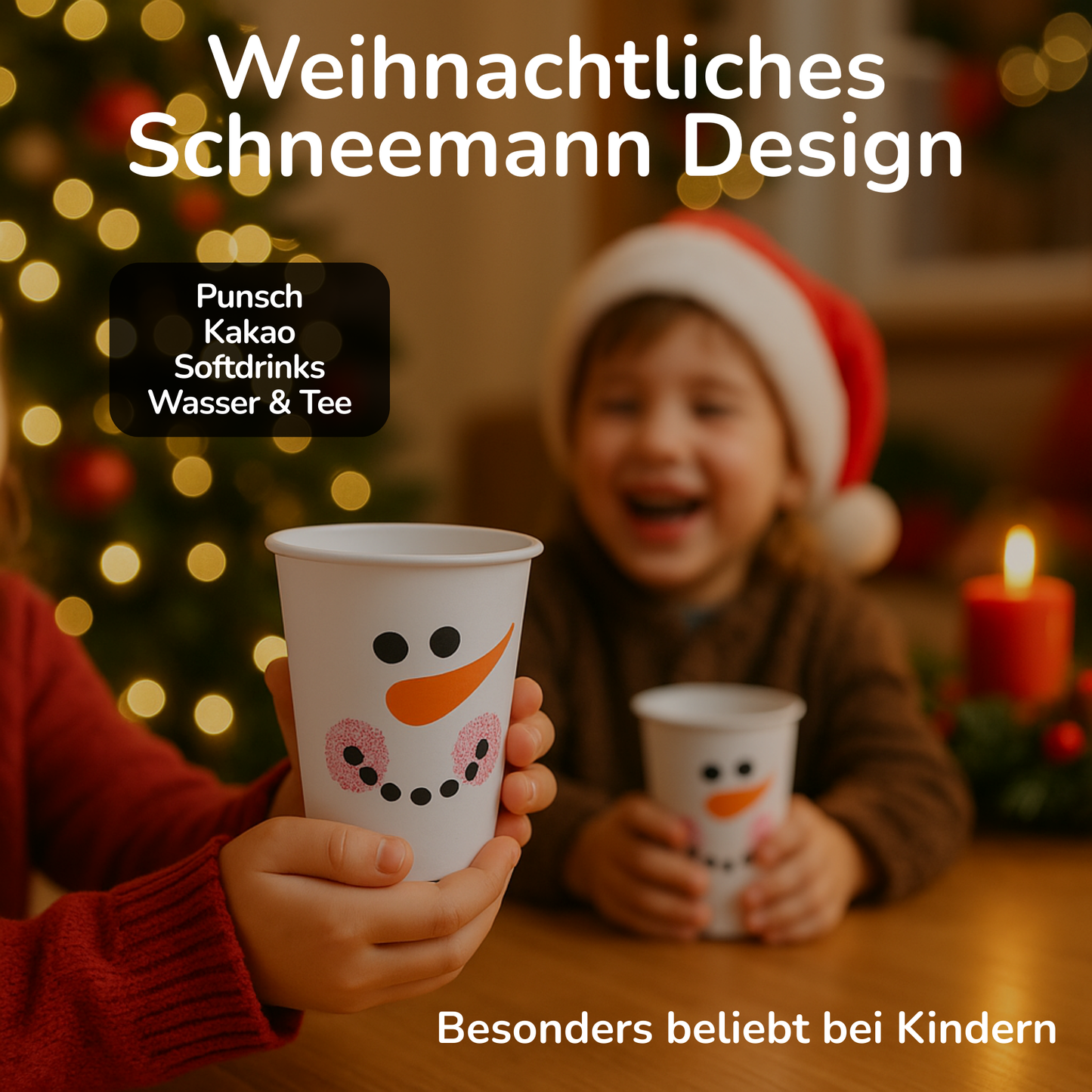 Weisser Glühwein to-go Becher wird präsentiert. Besonders beliebt bei Kindern für Punsch, Kakao oder Tee
