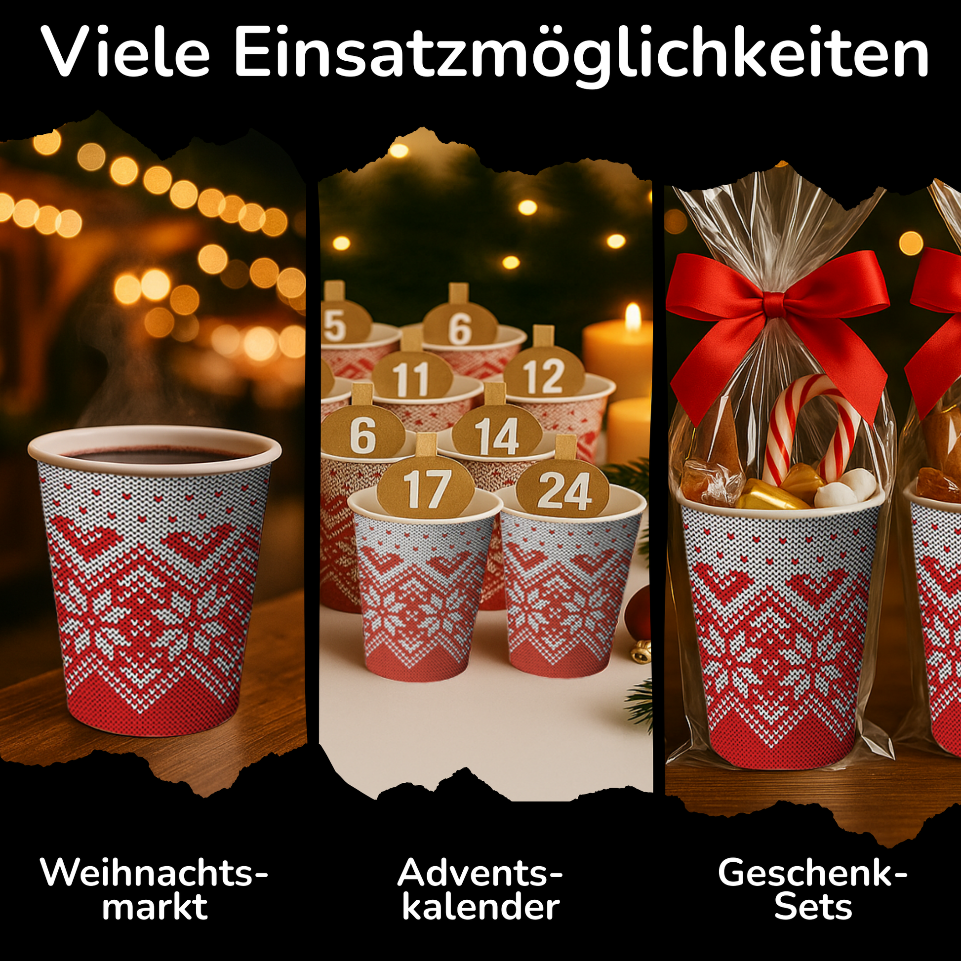 3 Einsatzmöglichkeiten der roten Glühwein Becher - Weihnachtsmarkt, Adventskalender und Geschenksets