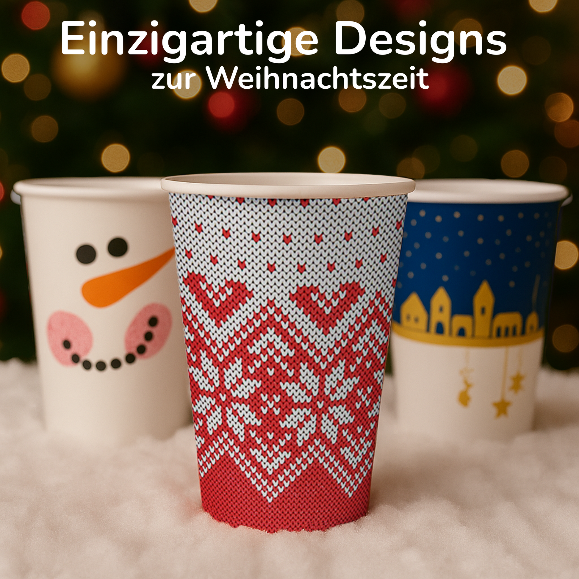 3 Glühwein Becher mit verschiedenen Motiven in den Farben weiß, rot und blau.