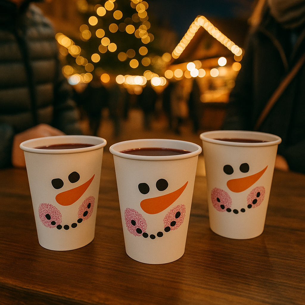 Drei weiße Pappbecher/Glühweinbecher mit Schneemann-Motiv, gefüllt mit Glühwein, auf Holztisch am Weihnachtsmarkt. Winterliches Ambiente