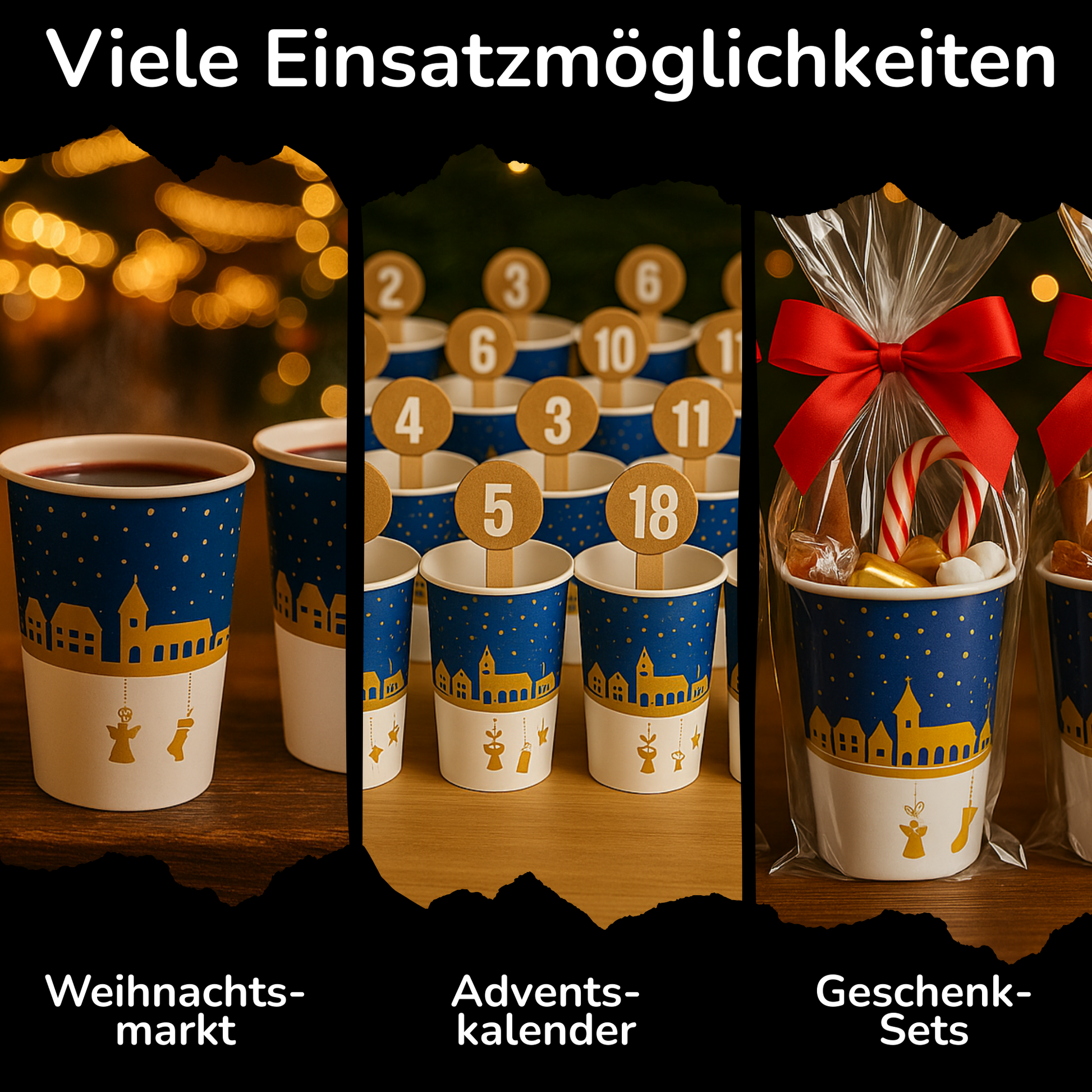 3 Einsatzmöglichkeiten der blauen Glühwein Becher - Weihnachtsmarkt, Adventskalender und Geschenksets