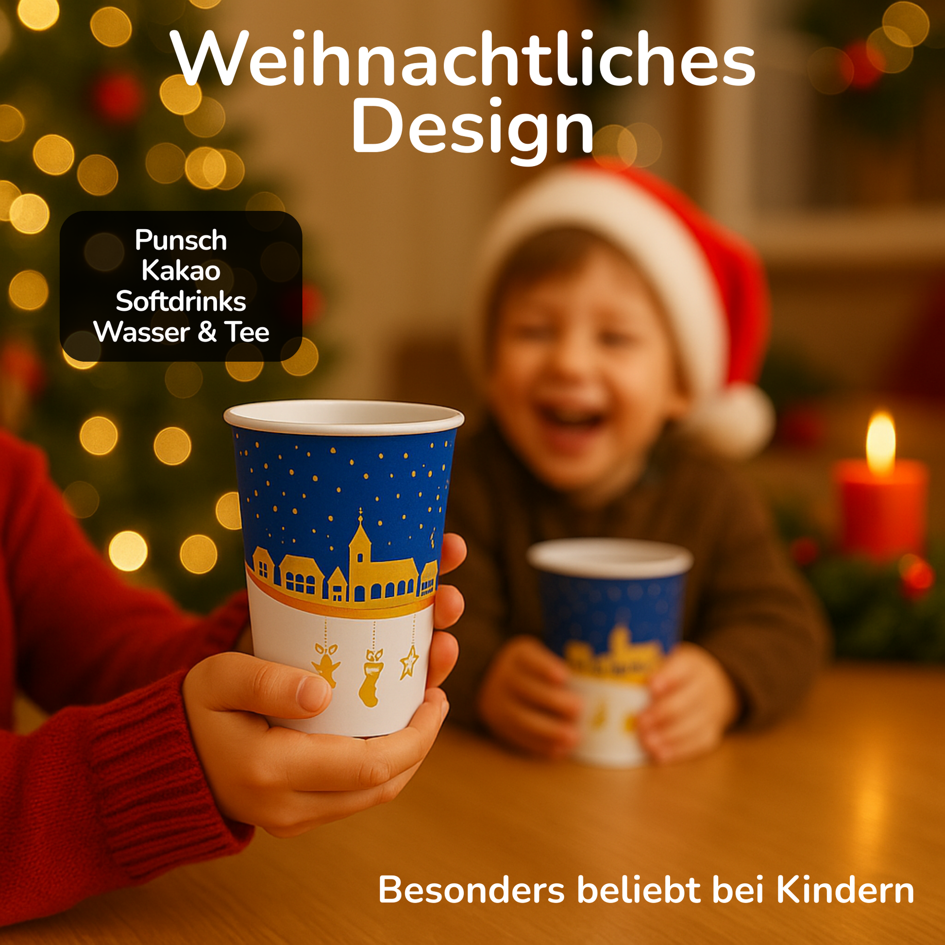 Blauer Glühwein to-go Becher wird präsentiert. Besonders beliebt bei Kindern für Punsch, Kakao oder Tee