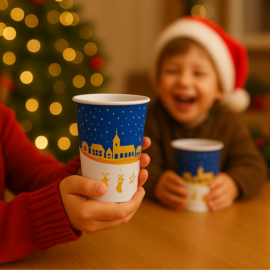Blau/Weißer Glühweinbecher wird von Kindern in der Hand gehalten. Weihnachtliches Ambiente