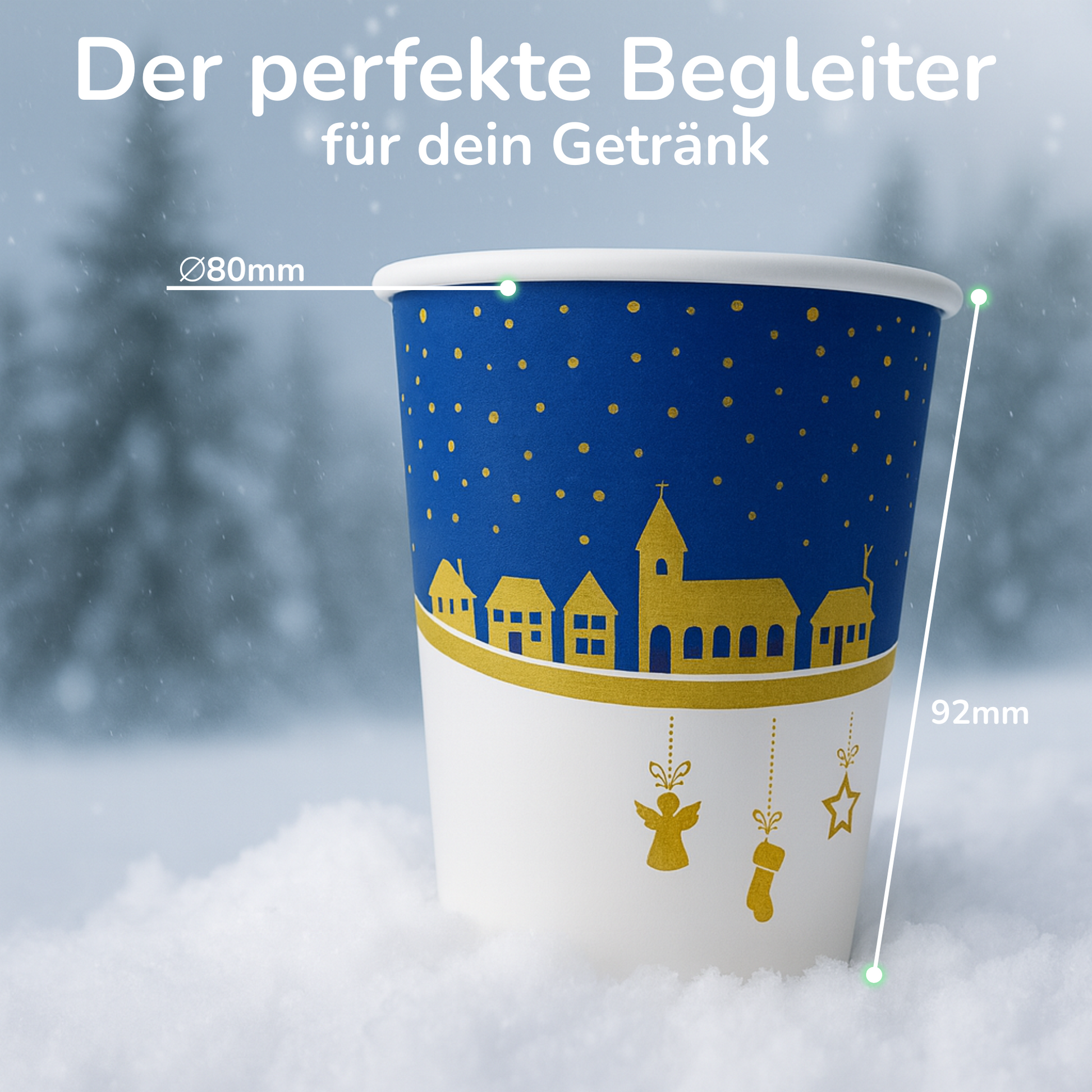 Glühweinbecher blau Wintermotiv Größengrafik