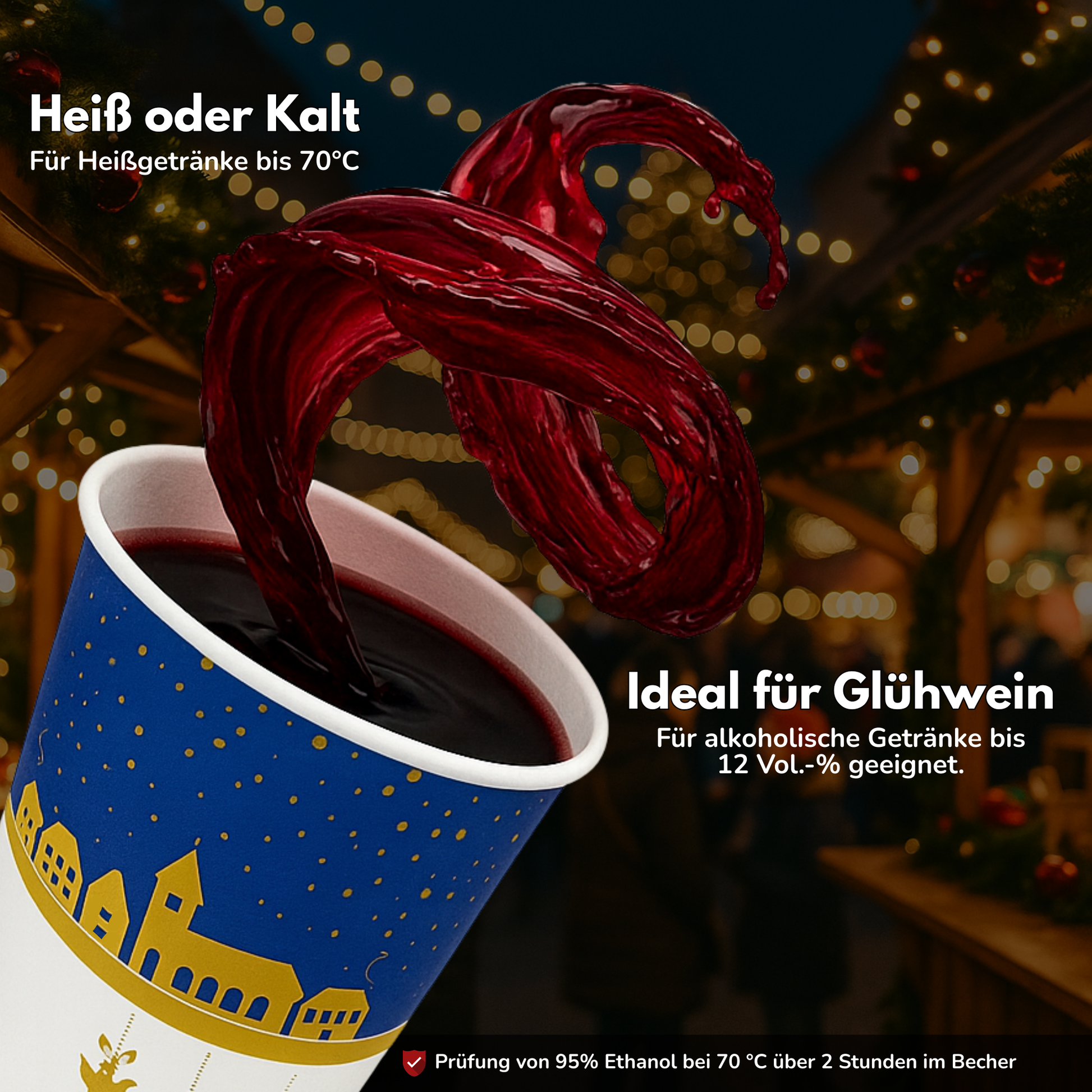 Blauer Heißgetränkebecher mit Wintertraummotiv für Glühwein bis 12 Volumen Prozent