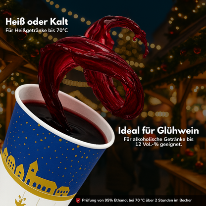 Blauer Heißgetränkebecher mit Wintertraummotiv für Glühwein bis 12 Volumen Prozent