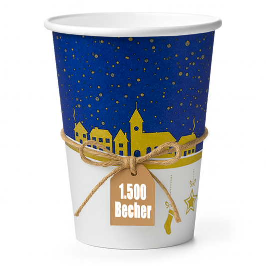 Blauer Pappbecher, Glühweinbecher mit Winter-Motiv, Kordel und Anhänger 1.500 Becher – winterlicher Glühwein-/To-go-Becher