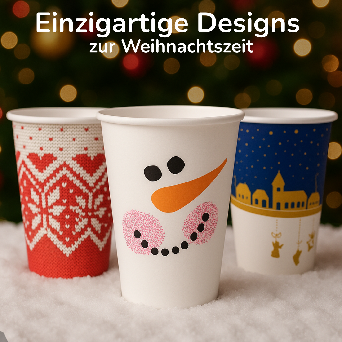3 Glühwein Becher mit verschiedenen Motiven in den Farben weiß, rot und blau.