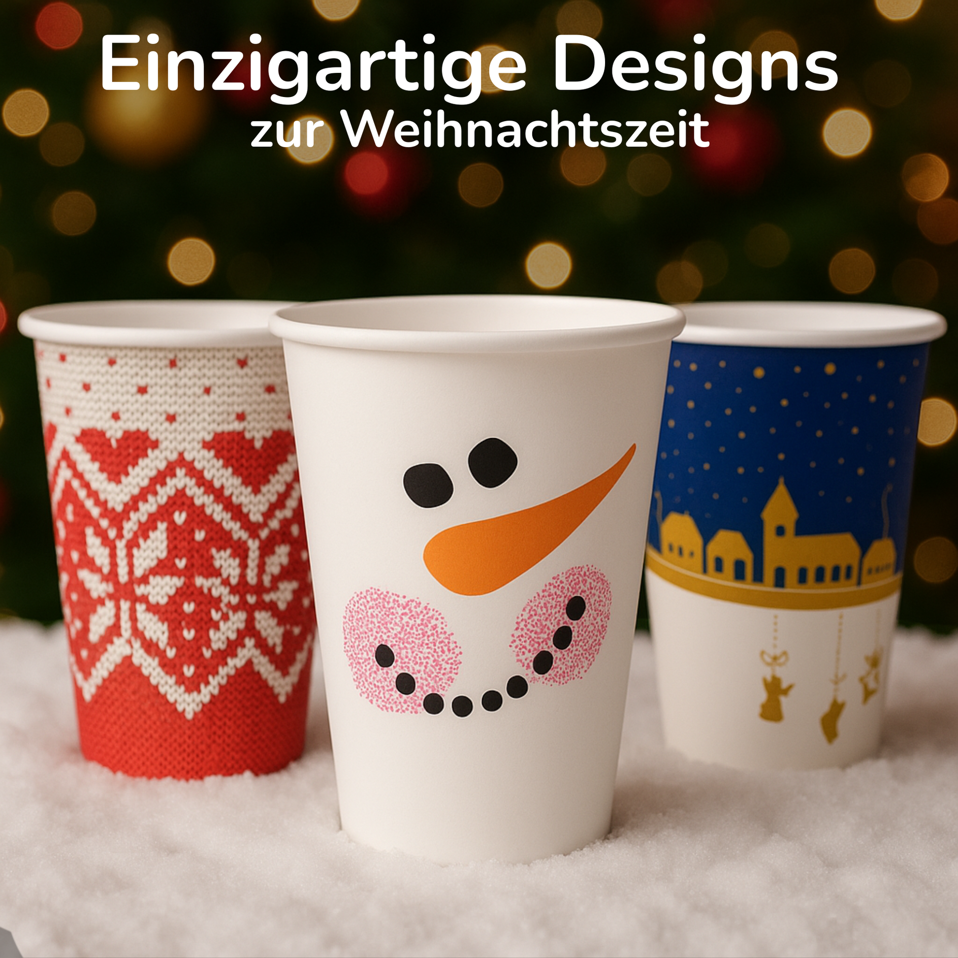 3 Glühwein Becher mit verschiedenen Motiven in den Farben weiß, rot und blau.