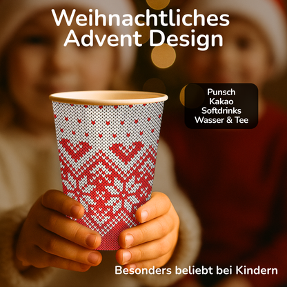 Roter Glühwein to-go Becher wird präsentiert. Besonders beliebt bei Kindern für Punsch, Kakao oder Tee