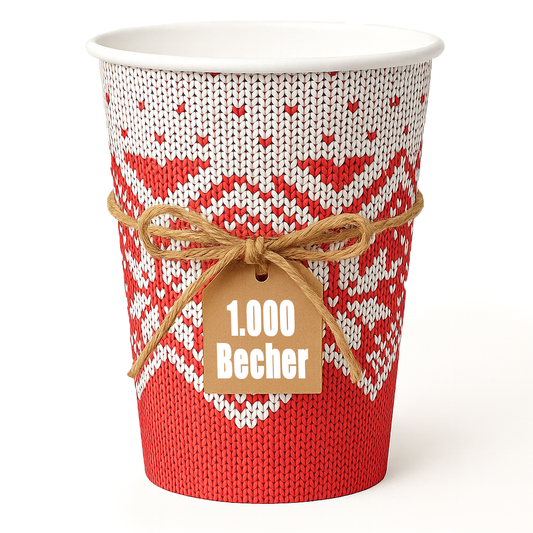 Rot/Weißer Pappbecher, Glühweinbecher mit Schneeflocken-Motiv, Kordel und Anhänger 1.000 Becher – winterlicher Glühwein-/To-go-Becher