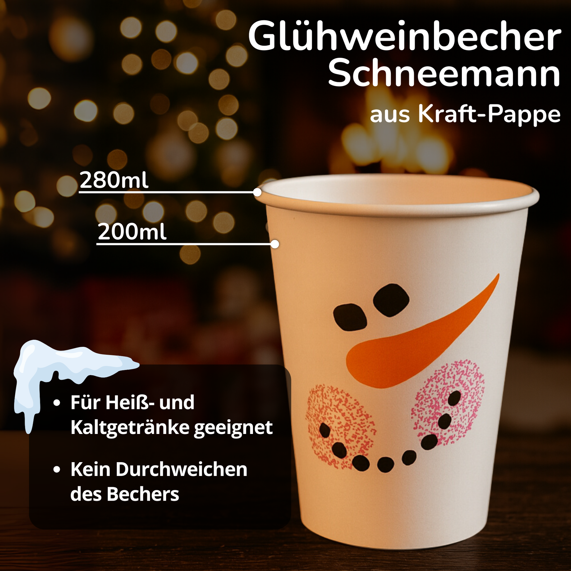 200ml Glühwein Einwegbecher mit Schneemannmotiv für Heissgetraenke