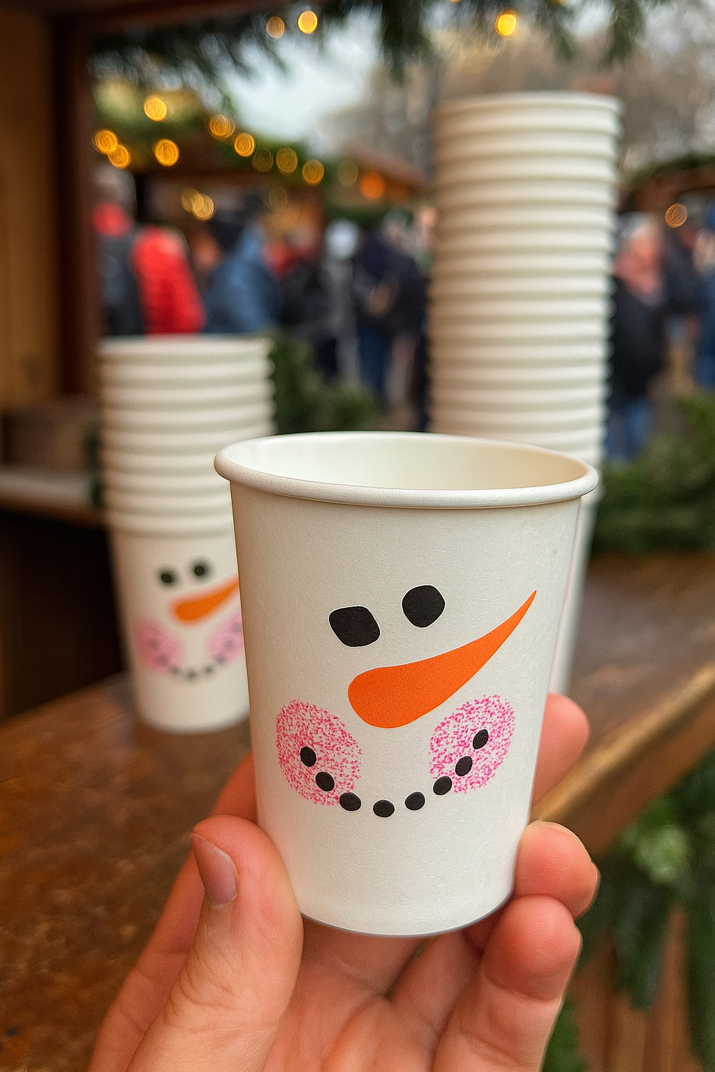 Foto eines zufriedenen Kunden der die Glühweinbecher in weiß mit Schneemannmotiv präsentiert. Hintergrund ist ein Weihnachtsmarkt Glühweinstand.
