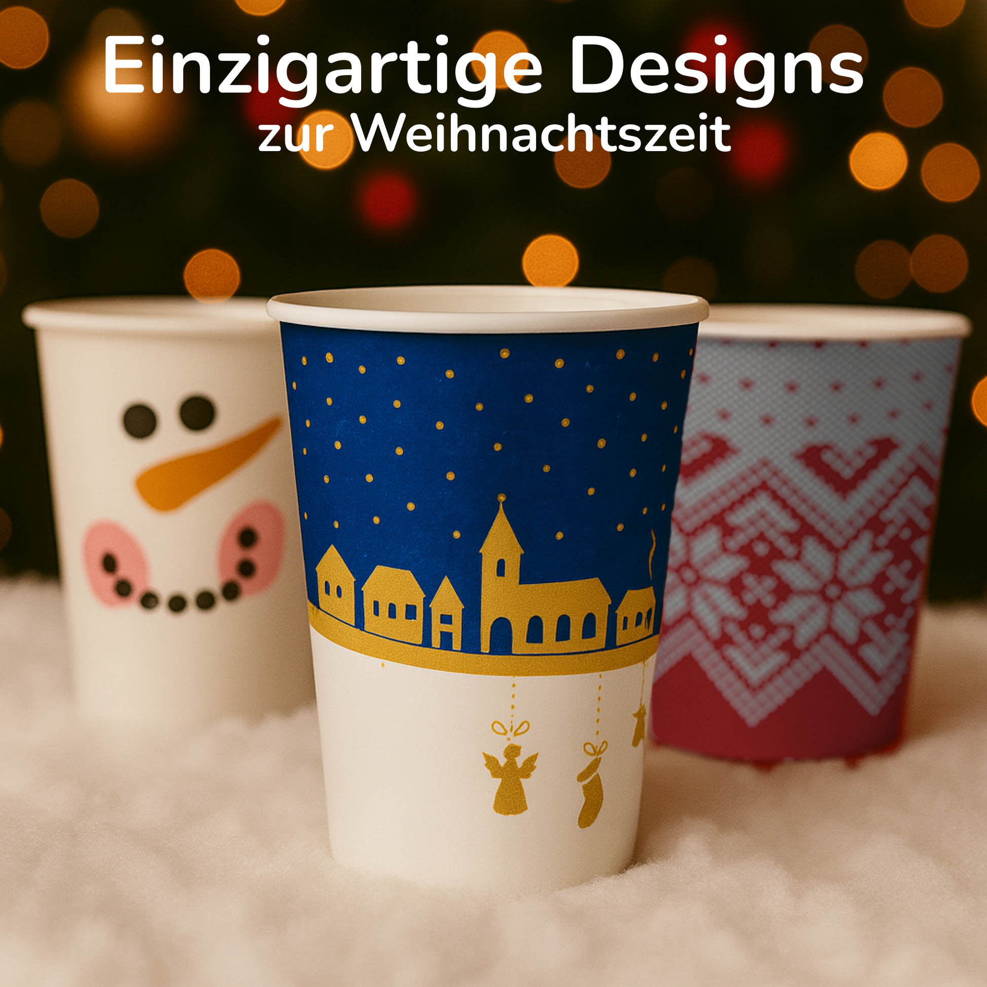 3 Glühwein Becher mit verschiedenen Motiven in den Farben weiß, rot und blau.
