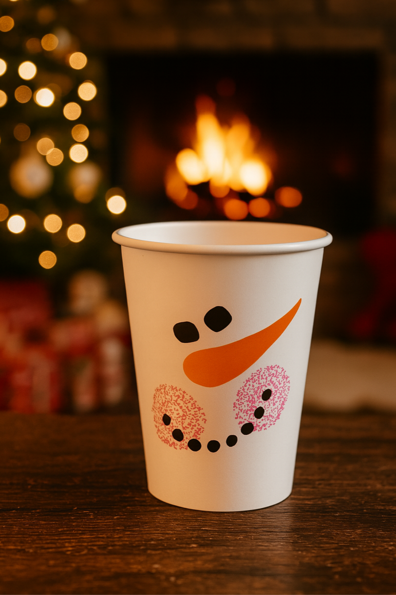 Weißer Pappbecher für Glühwein sthet auf dem Tisch vor dem Kamin. Weihnachtsbaum im Hintergrund