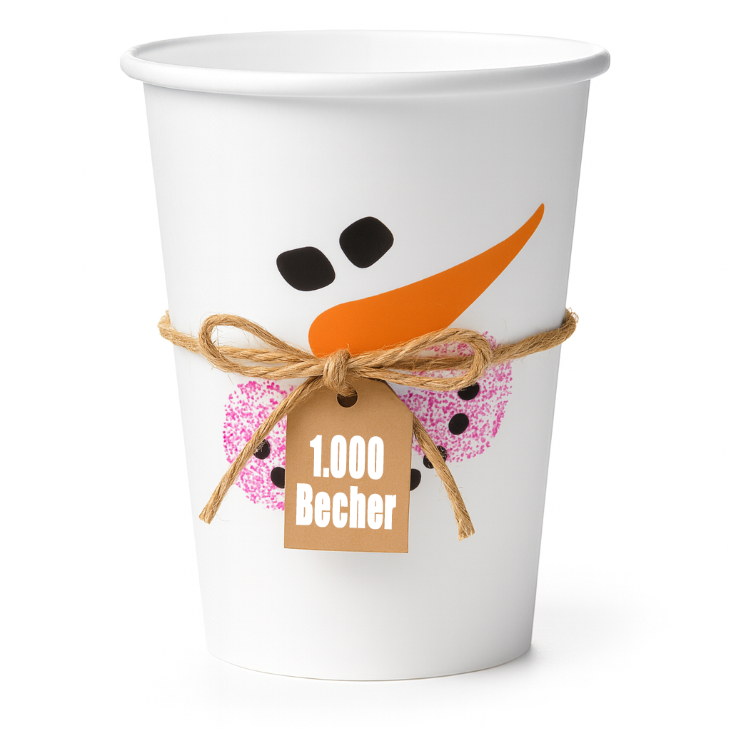 Weißer Pappbecher, Glühweinbecher mit Schneemann-Motiv, Kordel und Anhänger 1.000 Becher – winterlicher Glühwein-/To-go-Becher