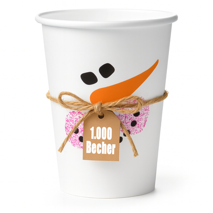 Weißer Pappbecher, Glühweinbecher mit Schneemann-Motiv, Kordel und Anhänger 1.000 Becher – winterlicher Glühwein-/To-go-Becher
