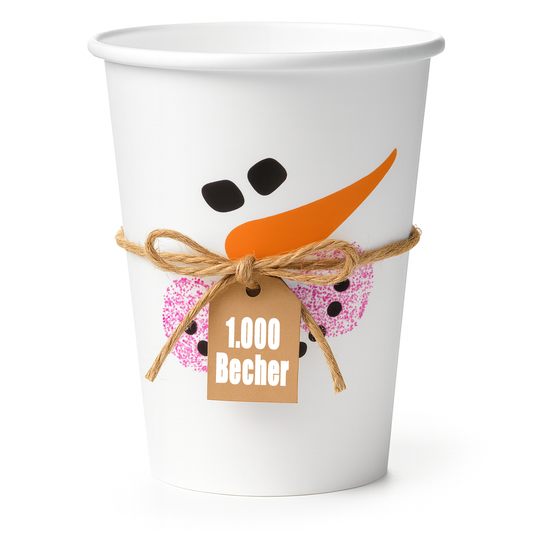 Weißer Pappbecher, Glühweinbecher mit Schneemann-Motiv, Kordel und Anhänger 1.000 Becher – winterlicher Glühwein-/To-go-Becher