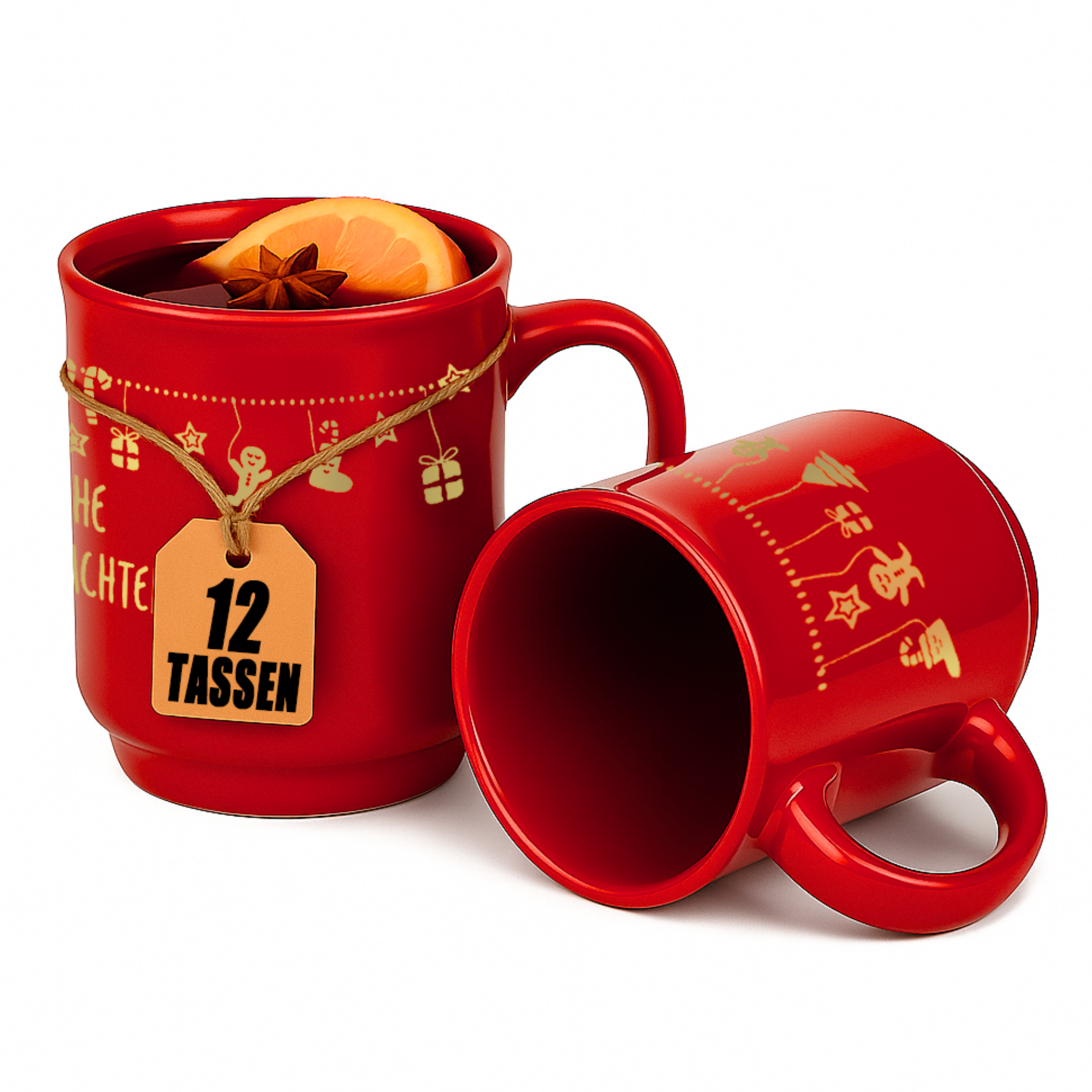2 Glühweintassen in rot mit goldenem Druck. Kordel mit Schriftzug 12 Tassen. 12er Set Glühweintassen für Weihnachtsmarkt