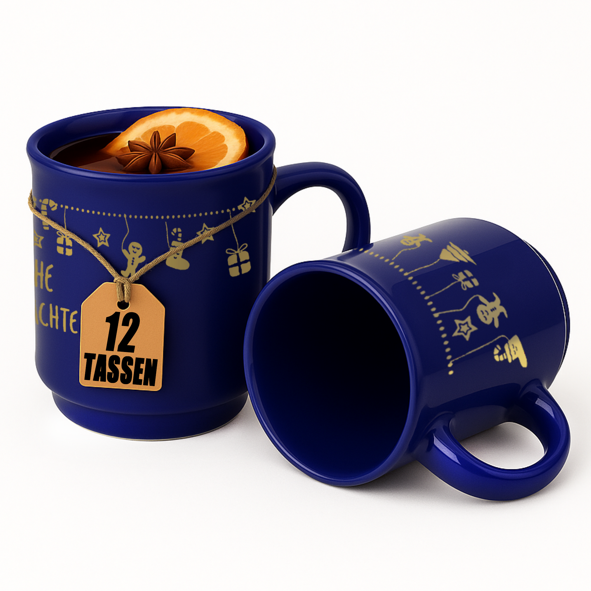 2 Glühweintassen in blau mit goldenem Druck. Kordel mit Schriftzug 12 Tassen. 12er Set Glühweintassen für Weihnachtsmarkt