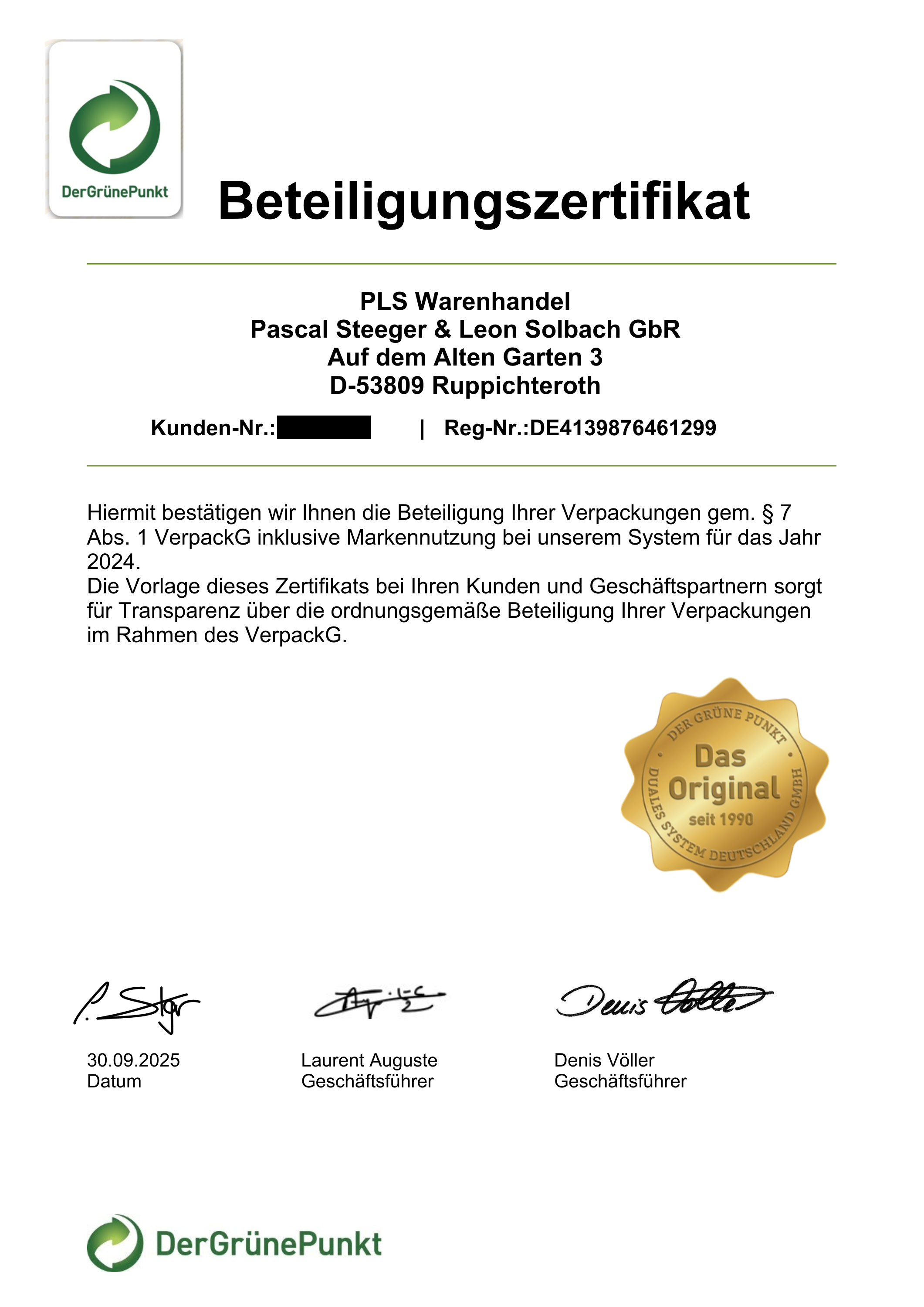 Zertifikat über die Registrierung Der Gründe Punkt Deutschland